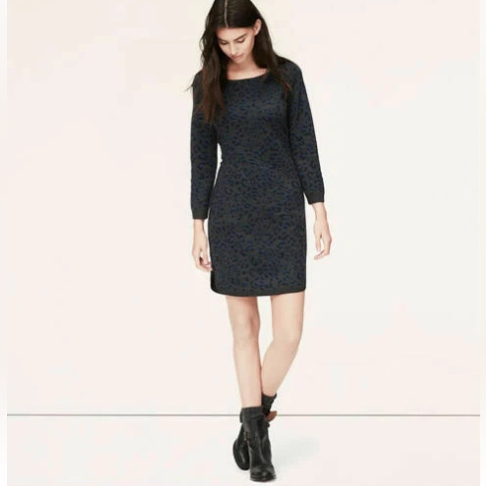 LOFT Grey and Blue Leopard print Sweater Dress